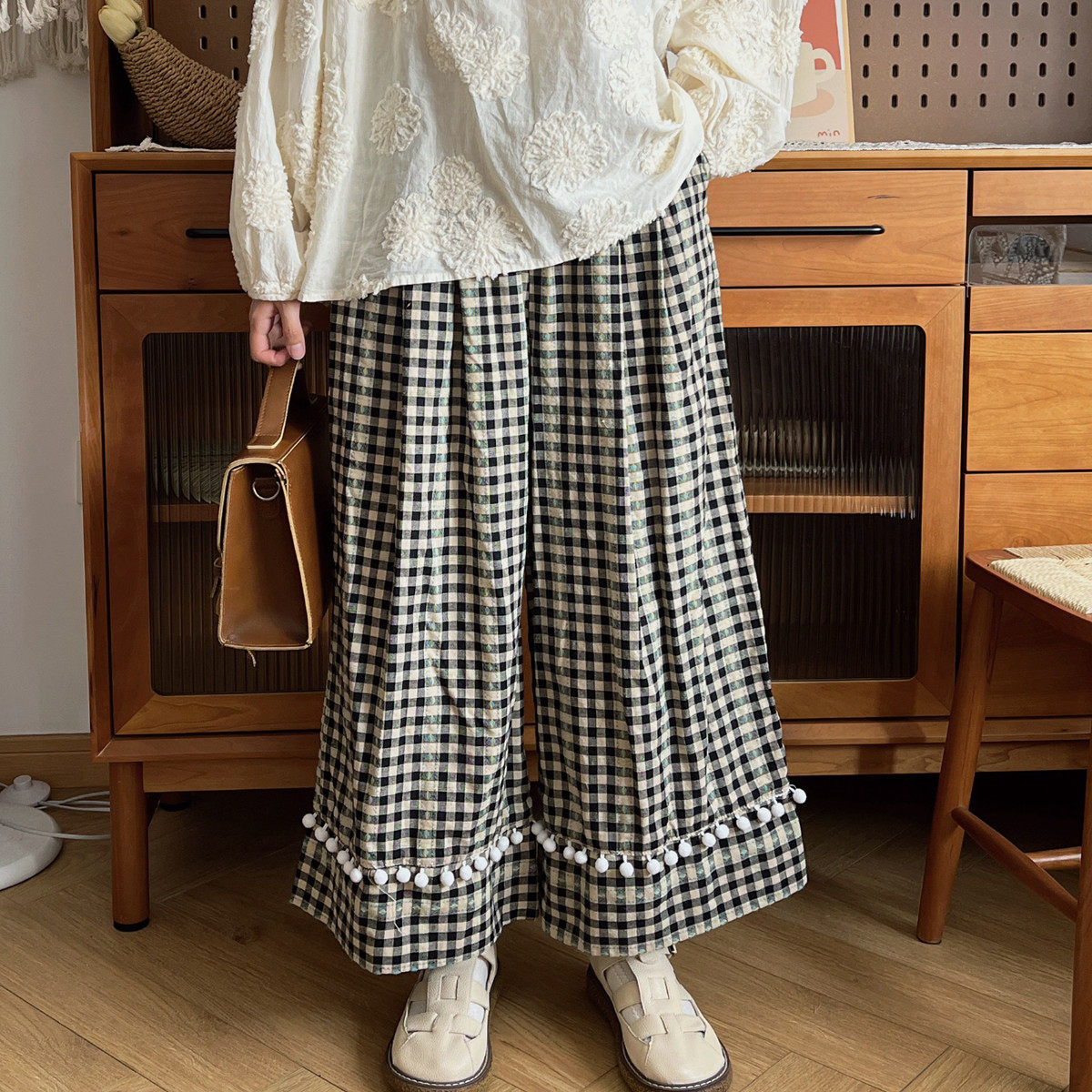 秋季复古格子裤松紧腰显瘦少女立体球球直筒裤高腰阔腿裤九分裤