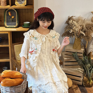 森系复古双层蕾丝娃娃领短袖衬衫少女兔子刺绣假两件系带减龄上衣