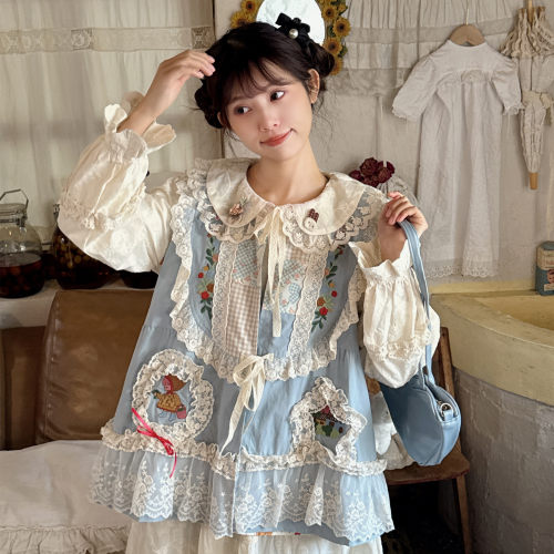 甜美少女感奶蓝色棉布背心马甲