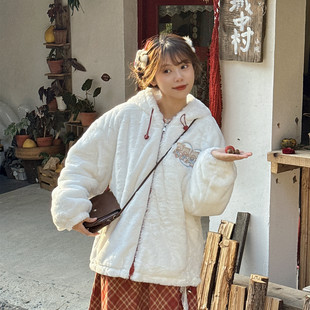甜美可爱小熊刺绣少女毛绒绒保暖外套冬季羊羔毛加厚棉衣棉服棉衣
