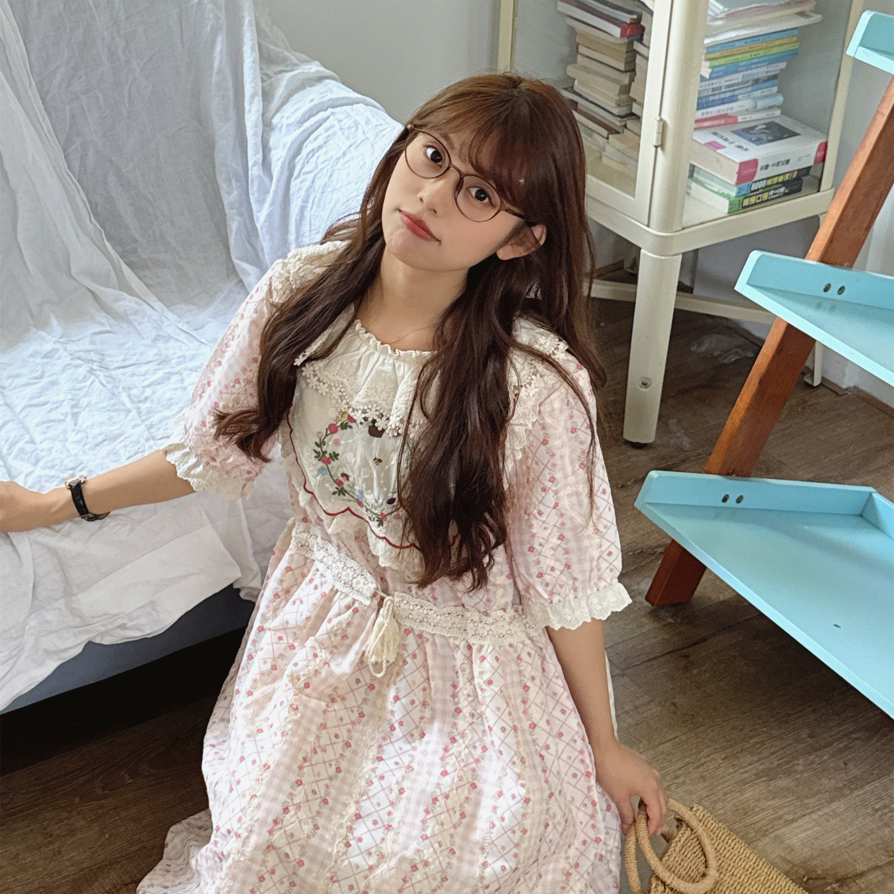 复古田园风蕾丝少女短袖连衣裙