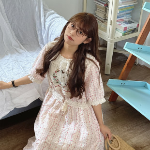夏季复古田园风蕾丝少女短袖连衣裙森系红色碎花娃娃裙显瘦长裙