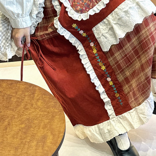 冬季森系少女复古碎花显瘦半身裙蕾丝花边拼接田园风刺绣长裙子