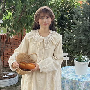 森女复古双层荷叶蕾丝花边大翻领连衣裙收腰显瘦淑女气质棉麻长裙