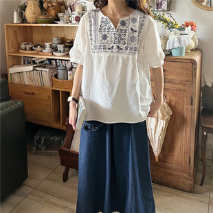 燈籠袖 日系文藝復(fù)古民族風(fēng)重工刺繡短袖 襯衫 夏季 白色減齡上衣女