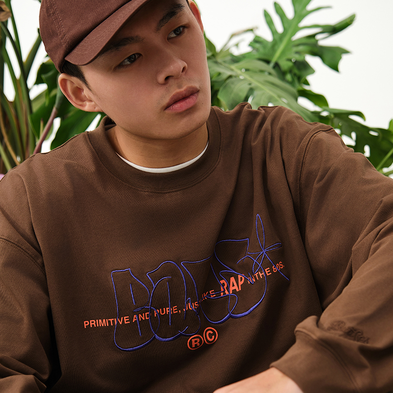 Battles 刺绣叠印logo美式重磅300g纯棉长袖T恤圆领宽松休闲上衣