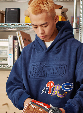 Battles 秋冬新品摇粒绒刺绣压印连帽卫衣男女百搭款帽衫外套宽松