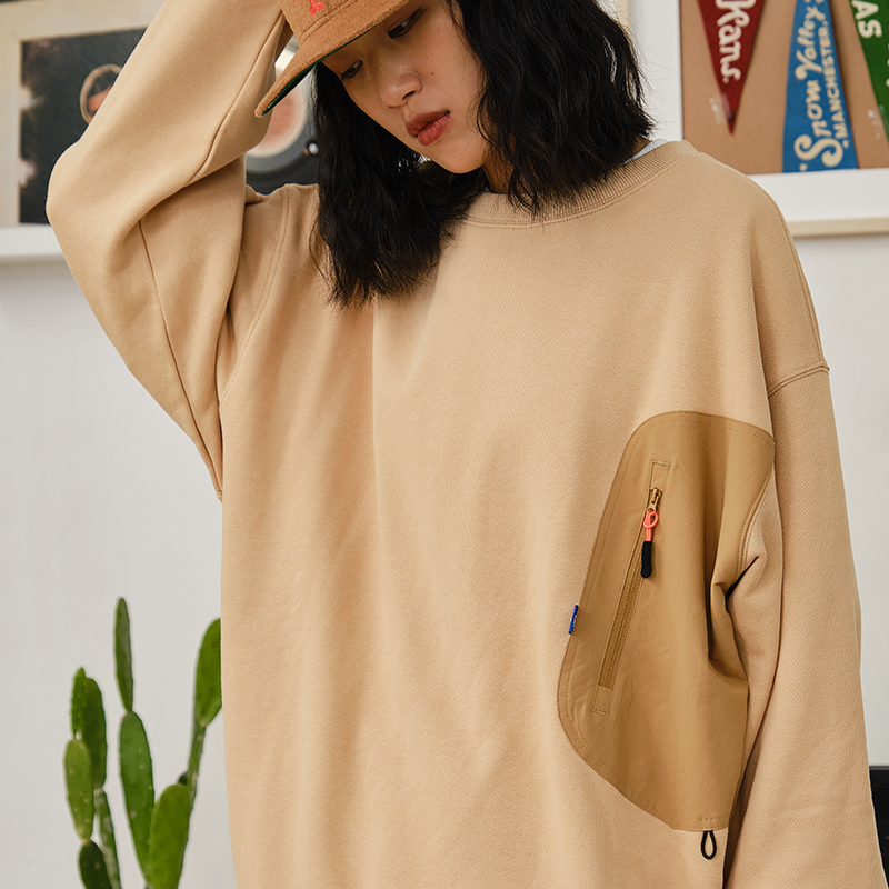 Battles 秋冬拼接拉链口袋粗针刺绣套头圆领卫衣重磅纯棉宽松休闲