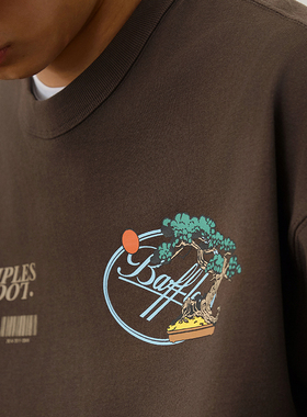 Battles 盆栽麻雀美式复古休闲短袖T恤圆领宽松300g纯棉