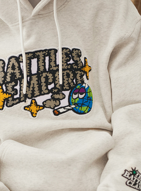 Battles 秋冬地球毛巾刺绣抓绒连帽卫衣男套头外套宽松