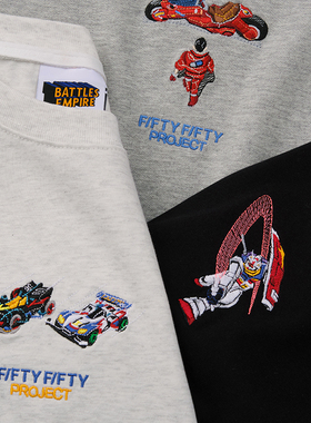 Battles 经典动画刺绣长袖T恤纯棉宽松基础休闲美式复古圆领