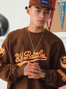 Battles 秋季亲肤棉美式复古冰球服插肩廓形印花长袖T恤卫衣休闲