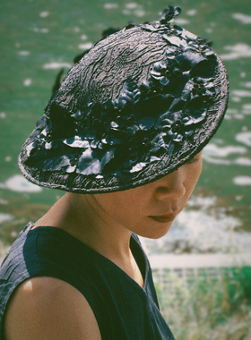 womaninahat风中玛格丽特1940手工黑色刺绣花朵复古美人斜檐草帽