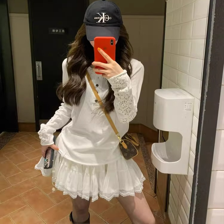 白色蕾丝镂空刺绣亨利领长袖t恤女春季2025新款夏季防晒罩衫上衣