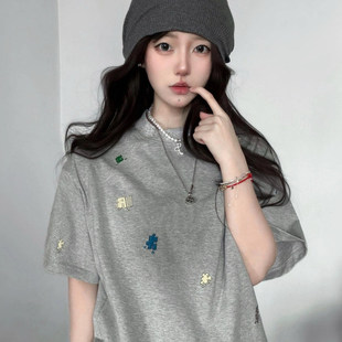 美式高街复古0刺绣拼图小人短袖T恤女夏季宽松显瘦设计感灰色上衣
