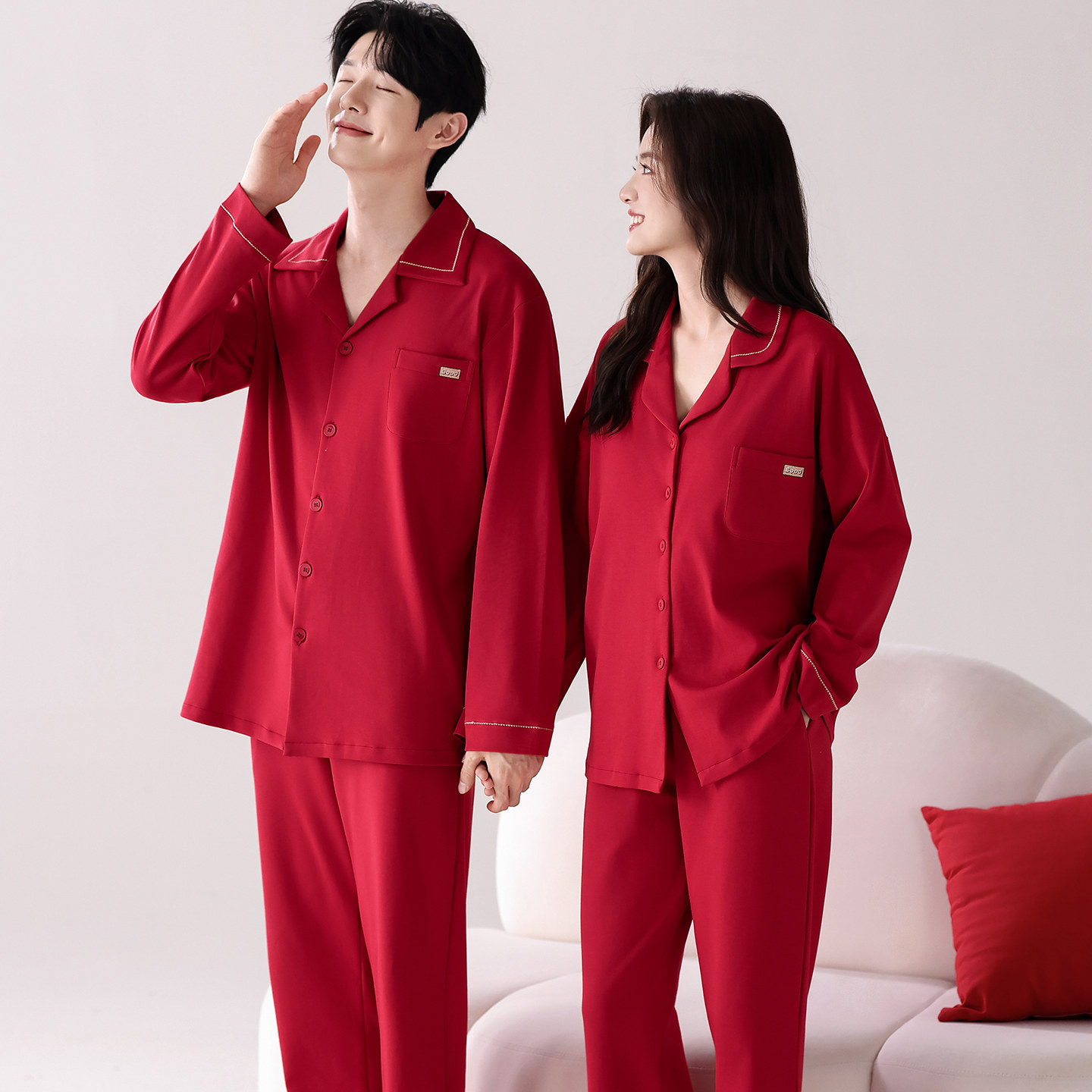 结婚红色情侣睡衣套装春秋季女款带胸垫一体纯棉男家居服大码