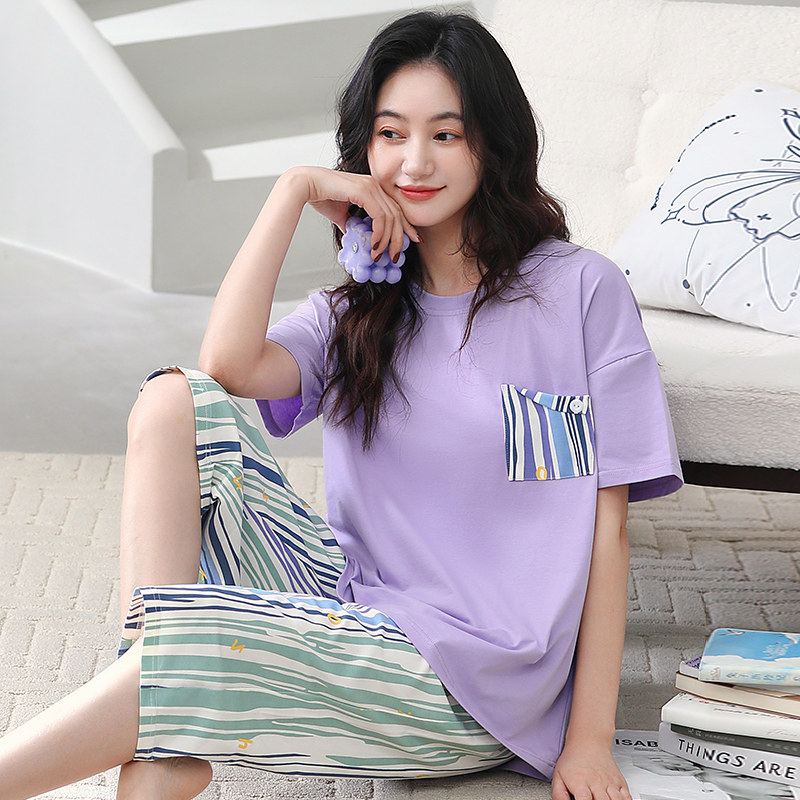 纯棉可外穿睡衣女短袖七分裤套装