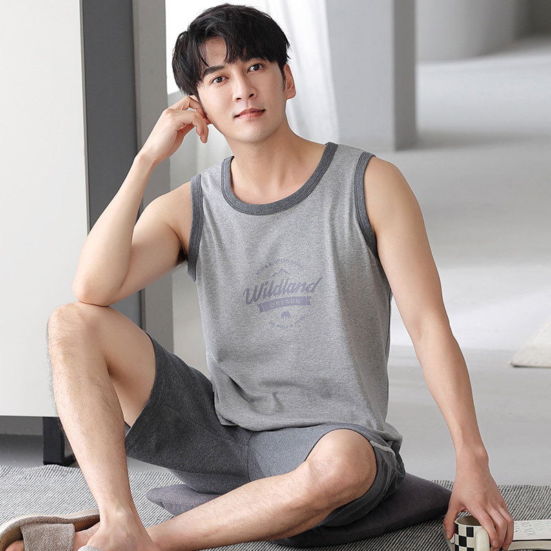 无袖睡衣男夏季纯棉背心短裤男款夏天休闲加大码家居服套装可外穿