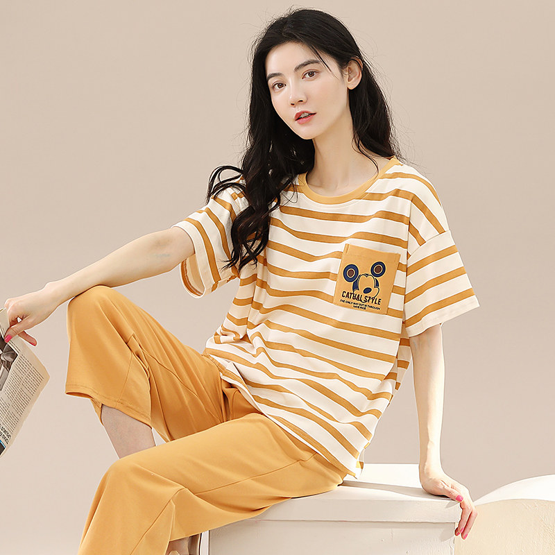 条纹睡衣女款纯棉夏季短袖七分裤中年妈妈夏天新款休闲家居服套装