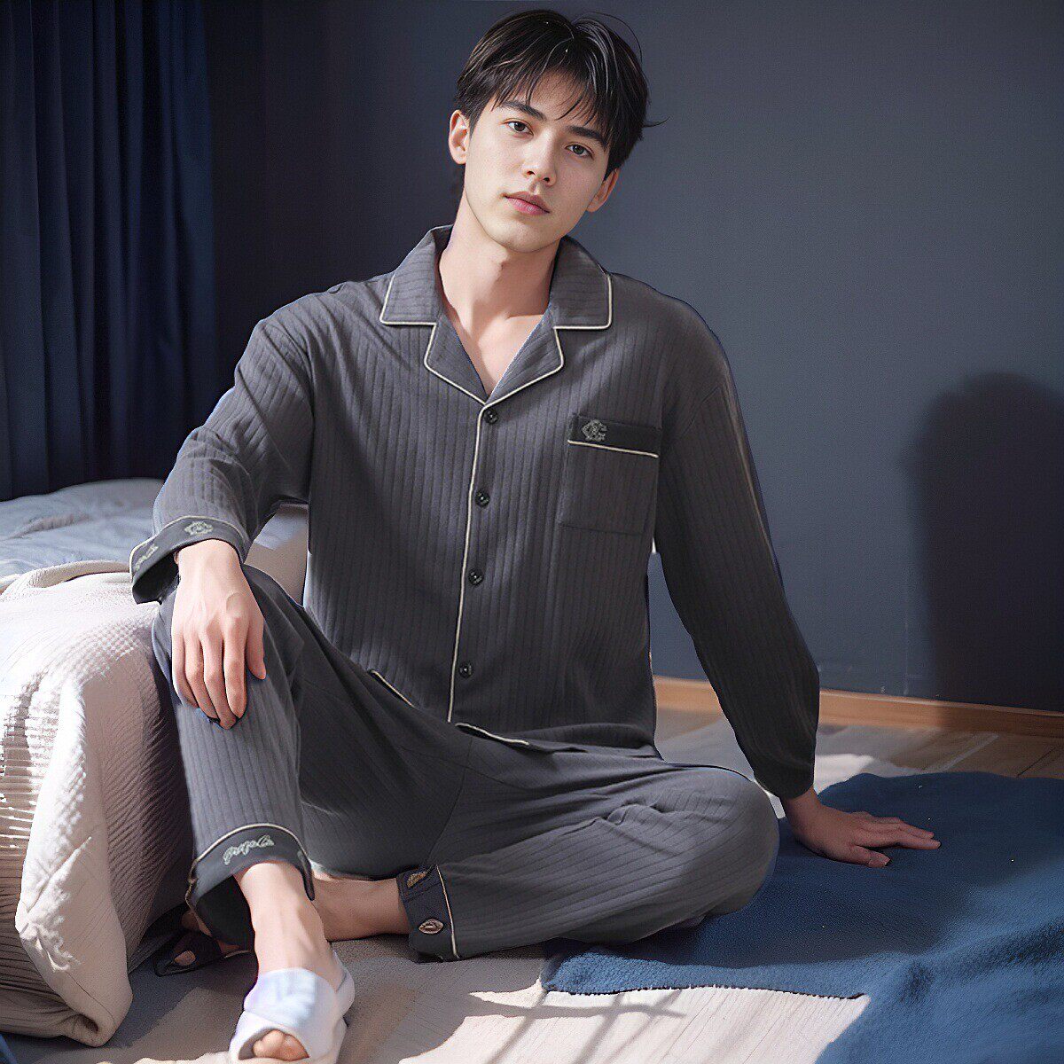 佳韵腾春秋季新款睡衣男士纯棉长袖时尚家居服宽松大码可外穿套装