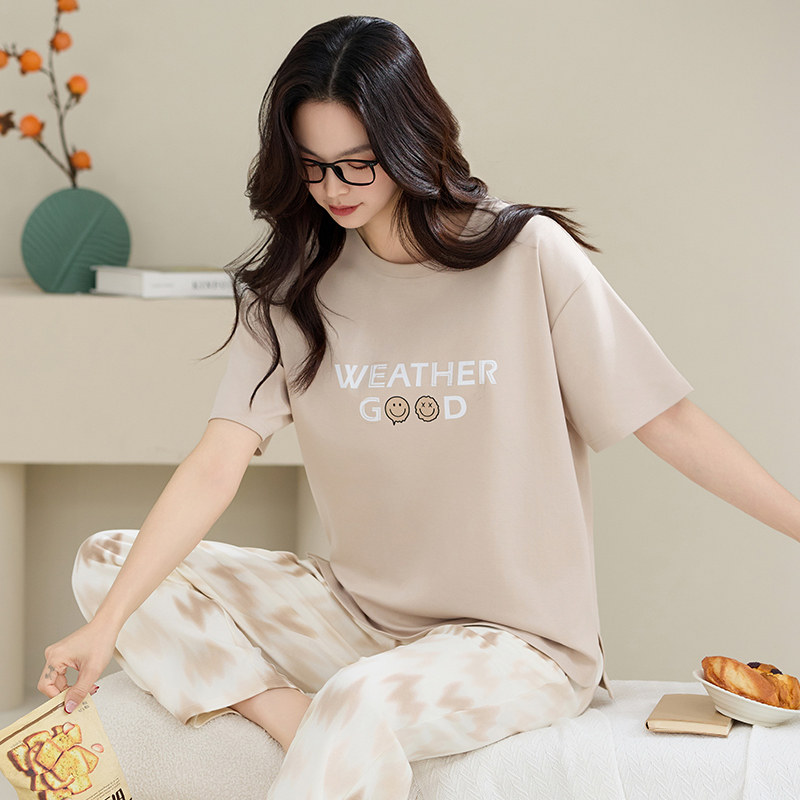 纯棉睡衣女款短袖长裤春夏季高级加大码套装中年妈妈家居服可外穿