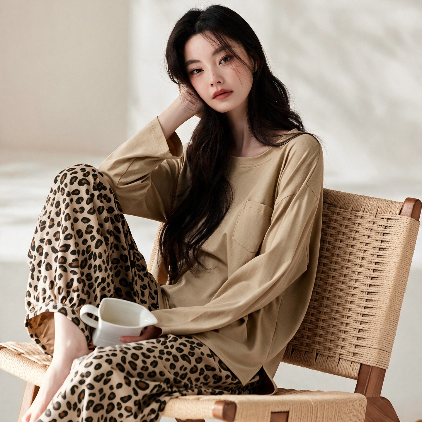 纯棉豹纹灯笼裤女秋季宽松套装
