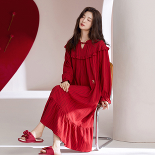 拉架棉睡裙长裙红色简约本命年V领纯色春秋季 荷叶边结婚 套头长袖