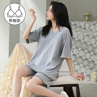 短裤 薄新款 带胸垫睡衣女纯棉短袖 夏季 高级感大码 可外穿家居服套装