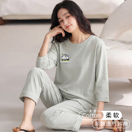 纯棉睡衣女夏季七分袖休闲可外穿全棉凉感柔软青年妈妈家居服套装
