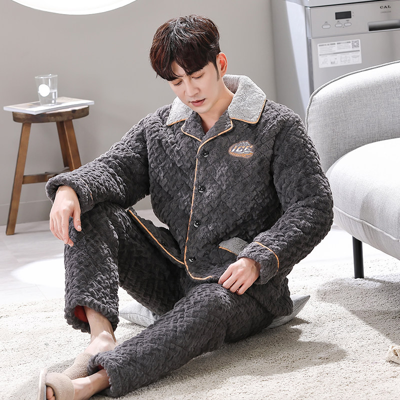 2025新款三层夹棉男睡衣珊瑚绒冬天中年爸爸加厚保暖家居服法兰绒