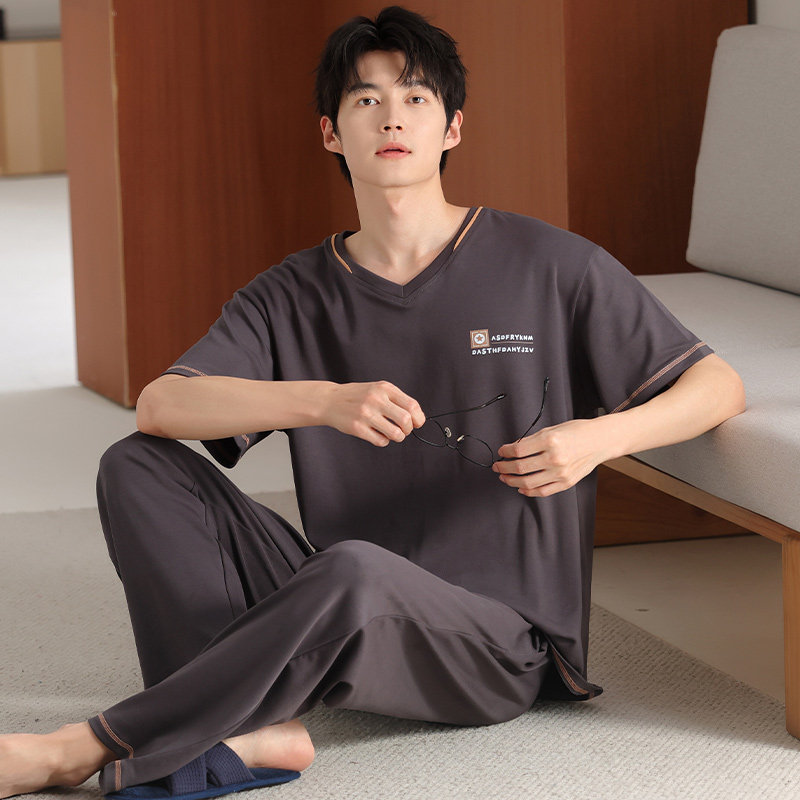 男士莫代尔睡衣长裤短袖套装新款宽松大码居家外出夏季棉套头青年