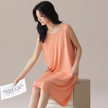 中年妈妈凉感睡裙女简约无袖睡衣纯色背心裙子夏季冰丝绸家居服薄