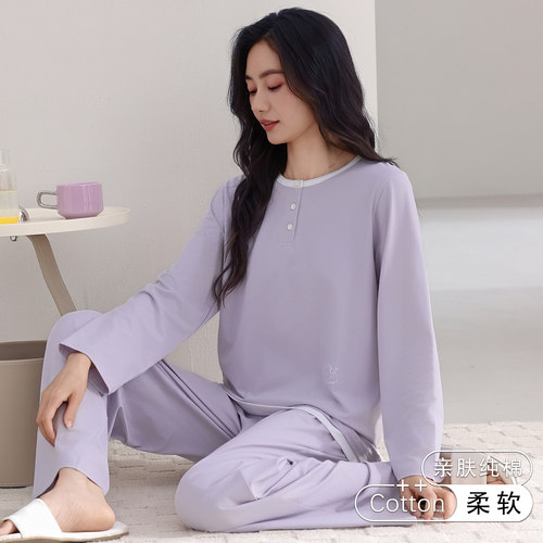 春秋纯棉长袖宽松中年女睡衣