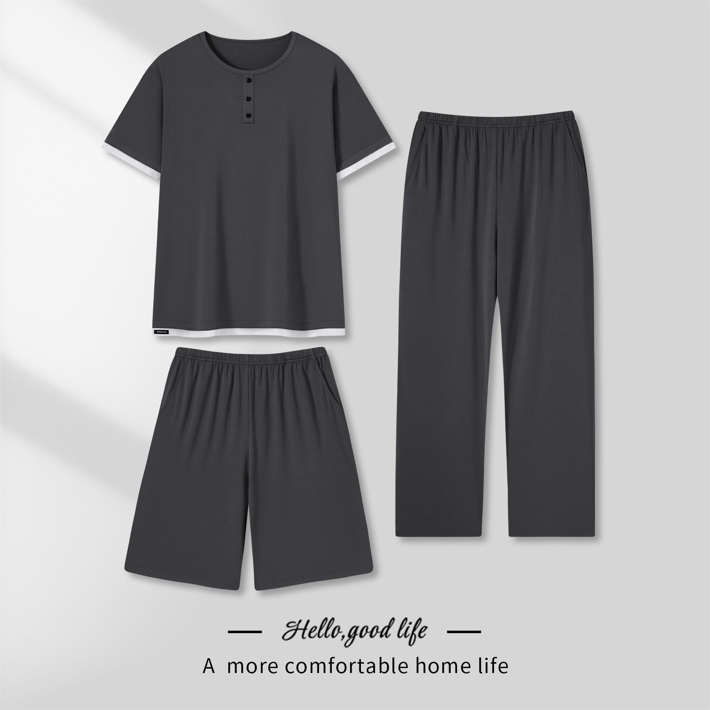 男士睡衣三件套春夏季莫代尔薄款凉感透气短袖短裤家居服套装长裤