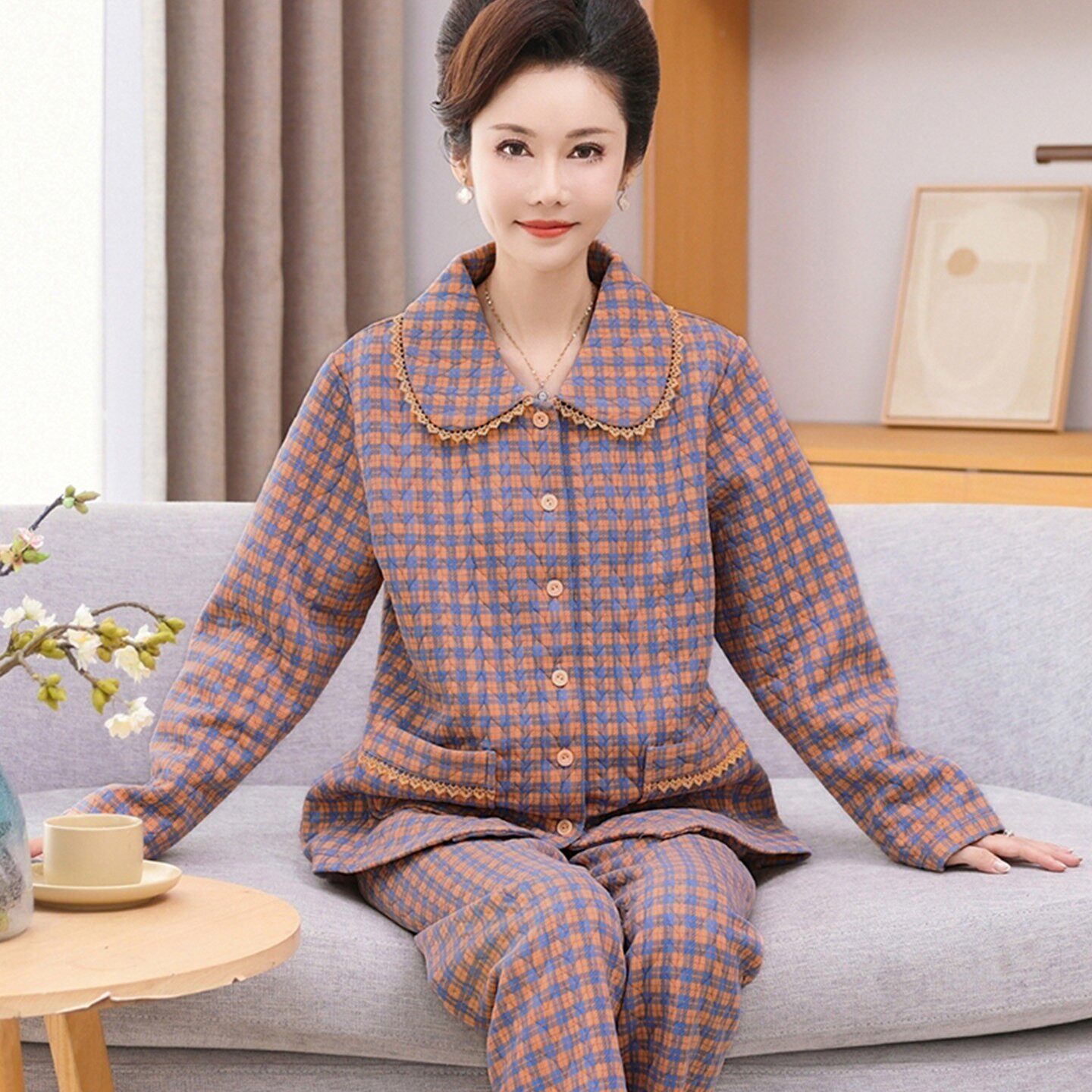 老人中年家居服大码空气棉夹层保暖加厚睡衣女妈妈可外穿纯棉秋冬