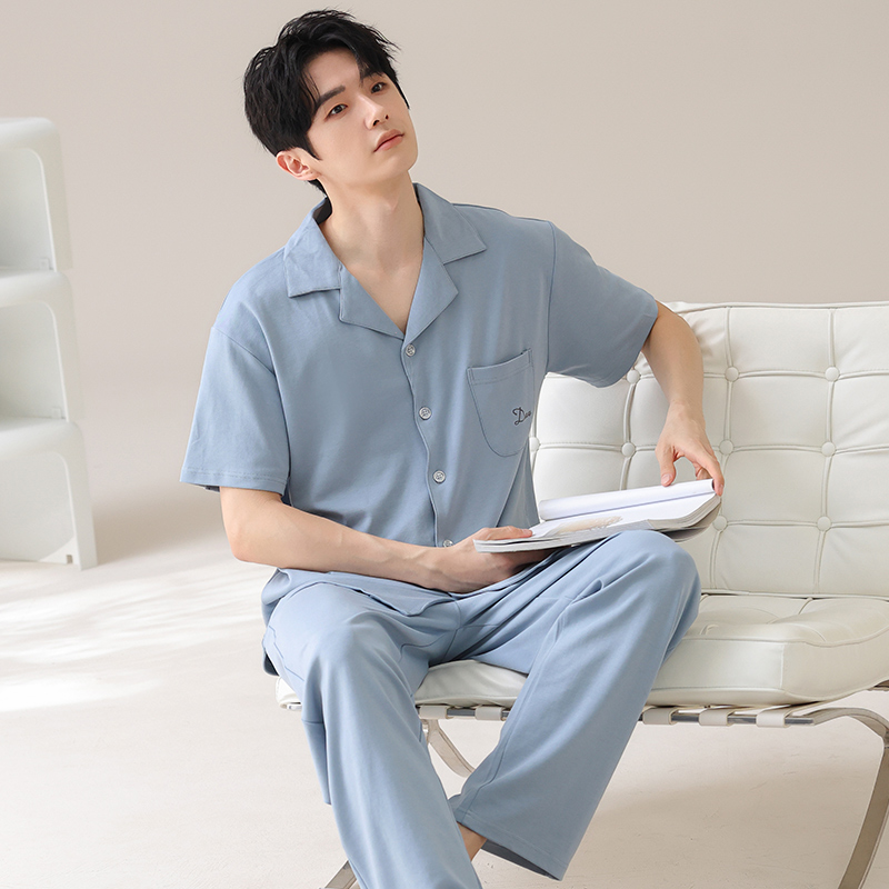 纯棉爸爸睡衣男士气质开衫短袖长裤2025新款夏季薄款家居服可外穿