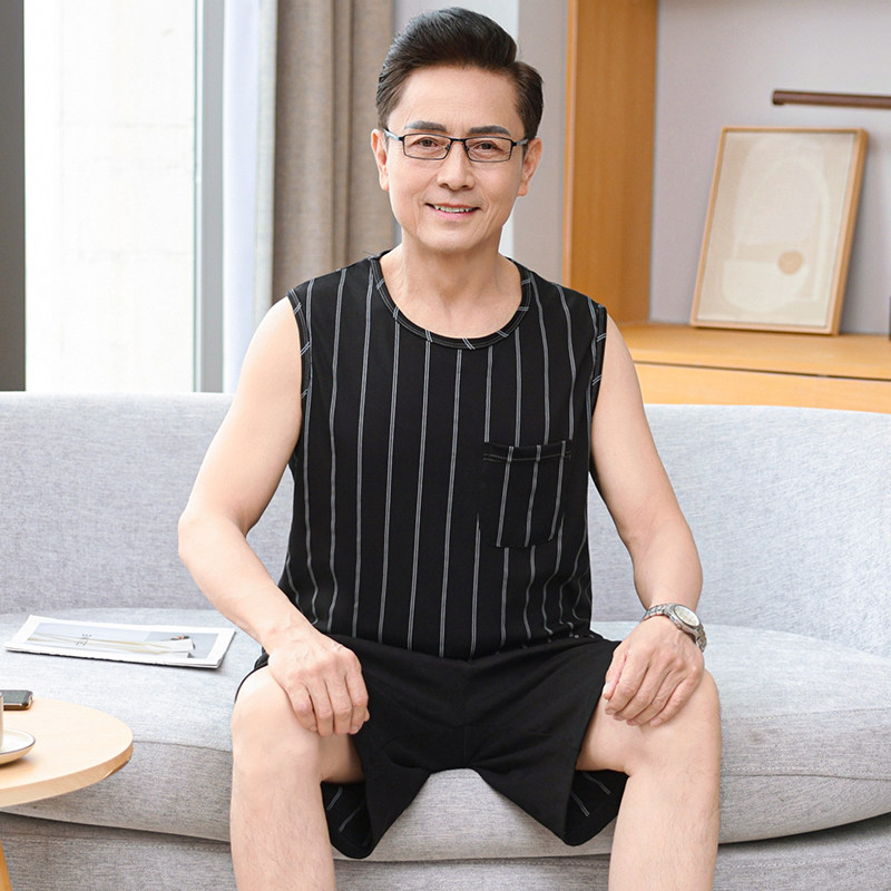 纯棉睡衣男款背心五分裤夏季新款大码休闲中老年爸爸无袖家居服薄