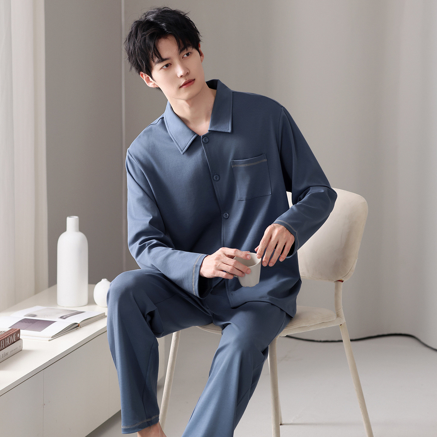 纯棉拉架睡衣男秋季长袖翻领开衫家居服套装可外穿休闲风口袋春秋,女士内衣/男士内衣/家居服,睡衣/家居服套装,淘宝优惠券,粉丝福利购,淘宝优惠卷