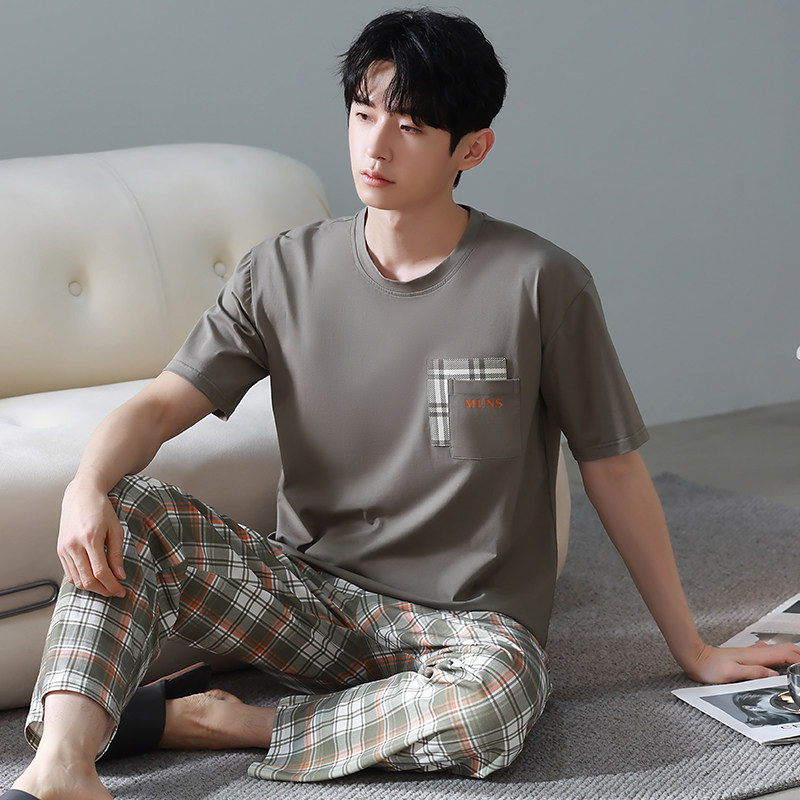 纯棉睡衣男夏季灰色全棉薄款短袖长裤套装大码高级感家居服可外穿