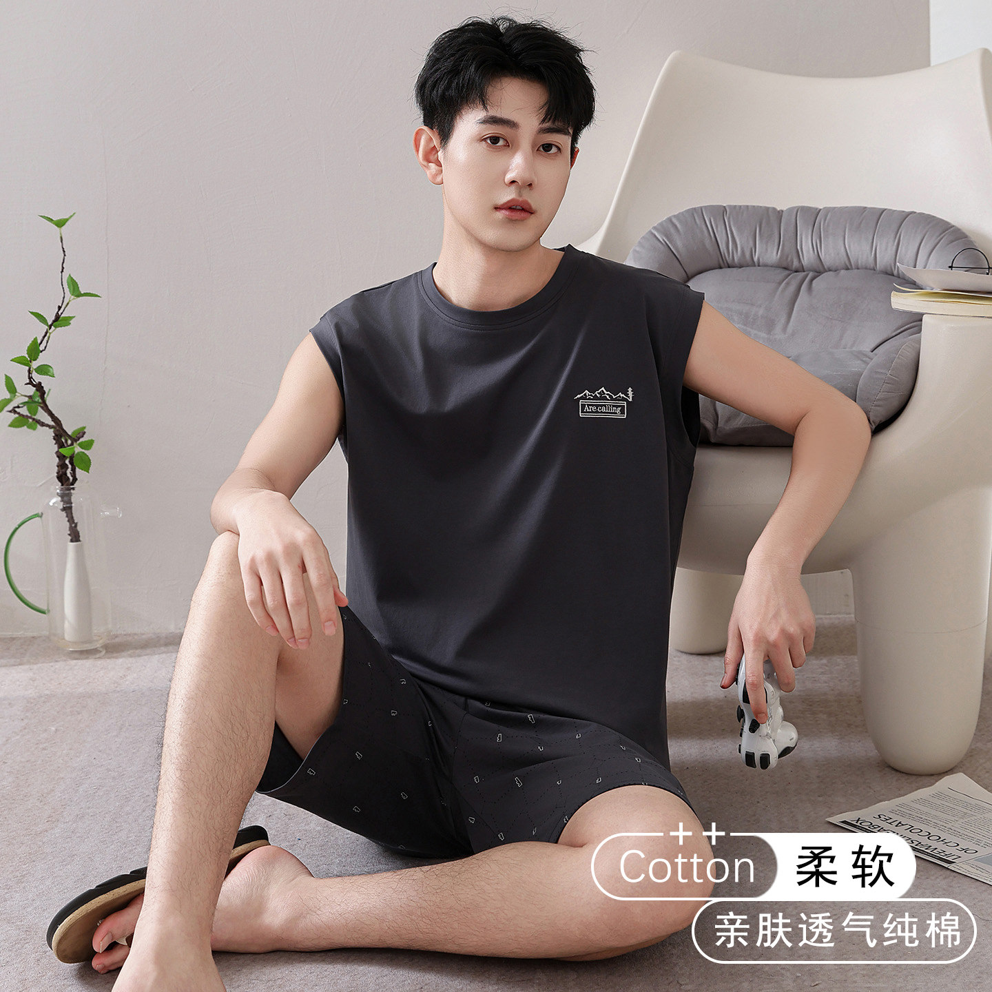 睡衣夏季男士纯棉无袖背心短裤家居服薄款男生大码可外穿青年套装