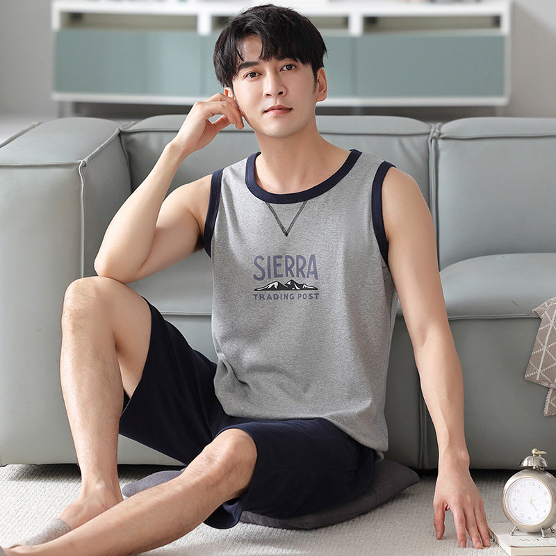 男士睡衣夏季纯棉无袖背心短裤男款休闲薄款大码家居服套装可外穿