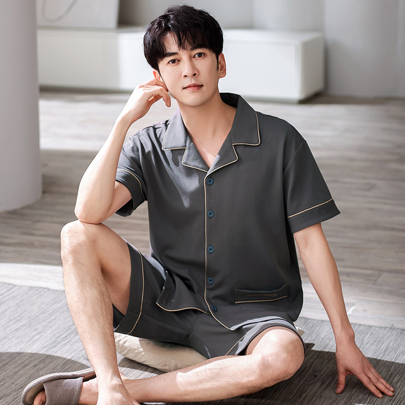 睡衣男士高档开衫短袖短裤夏季中年爸爸纯棉家居服薄款可外穿套装