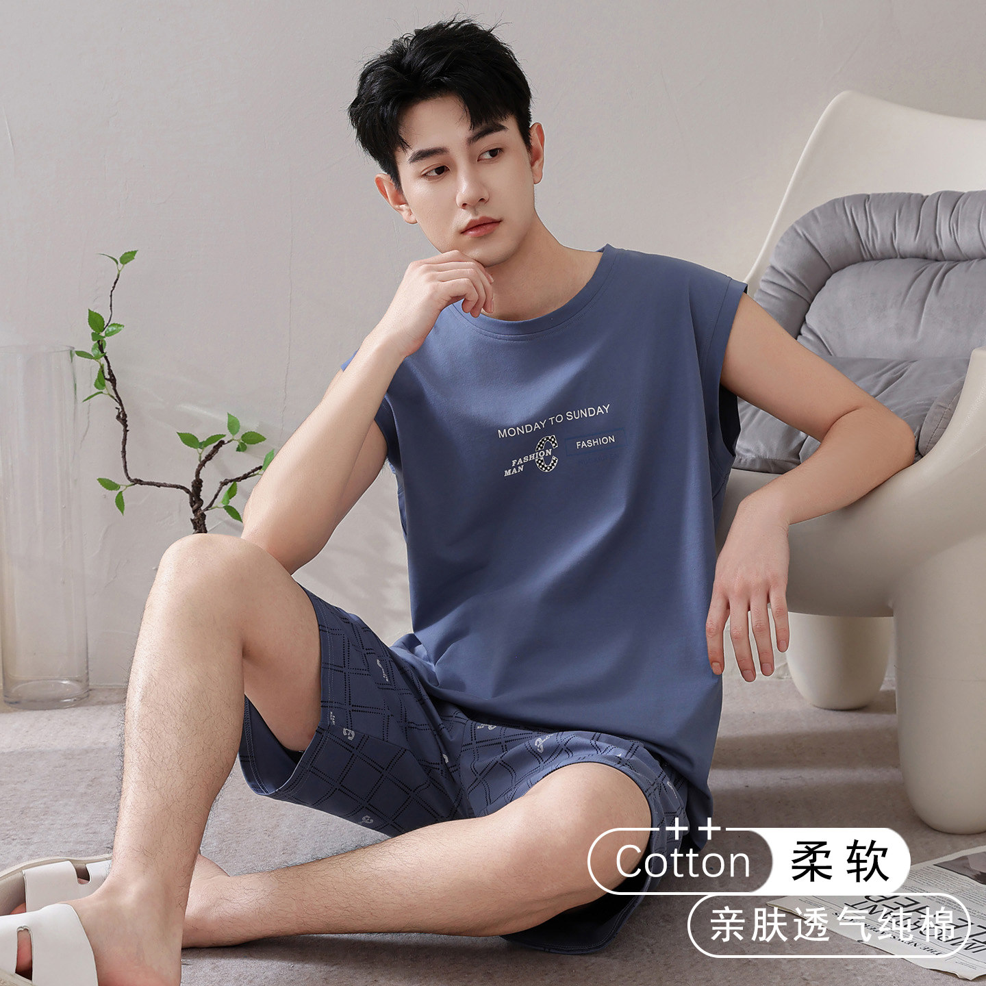 男士夏季薄款纯棉背心短裤家居服套装可外穿凉感透气青年短袖睡衣