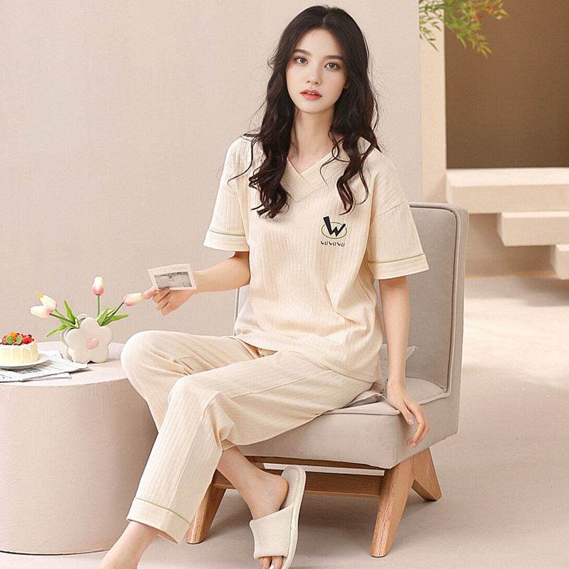 夏季睡衣女款纯棉套头短袖长裤休闲大码夏天女士家居服套装可外穿