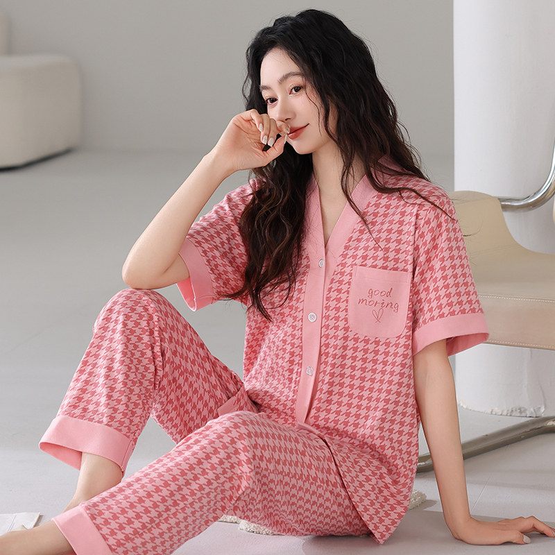 千鸟格睡衣女款纯棉短袖长裤夏季大码宽松中年妈妈休闲家居服套装
