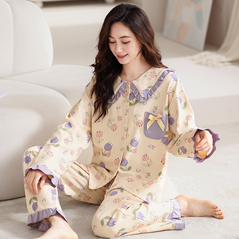 女士睡衣女款纯棉长袖加大码春秋季妈妈高级休闲家居服套装可外穿