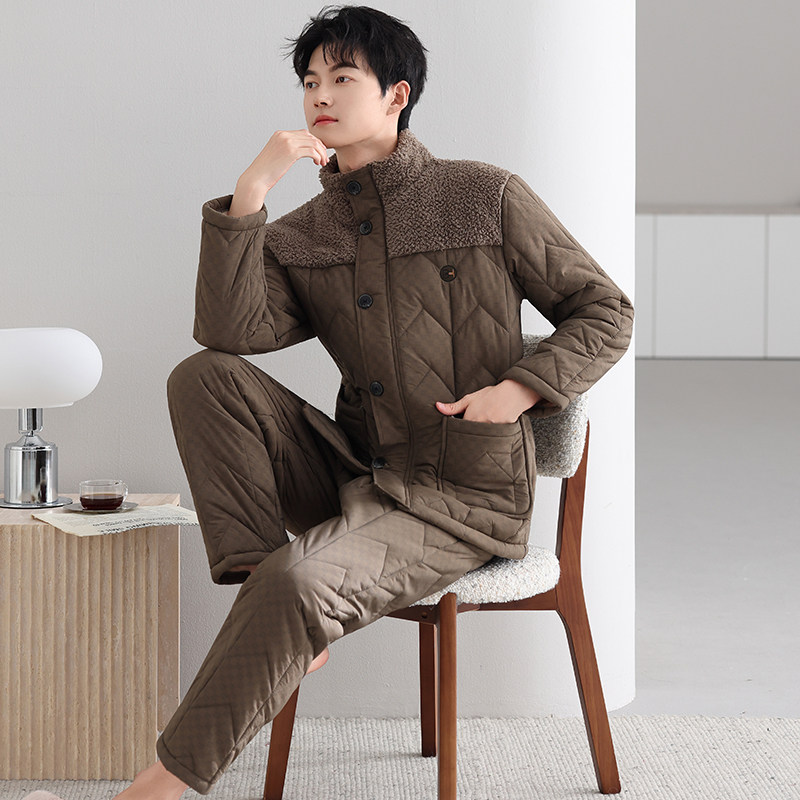 2026新款男士夹棉睡衣冬季三层加绒加厚立领纽扣保暖家居服套装