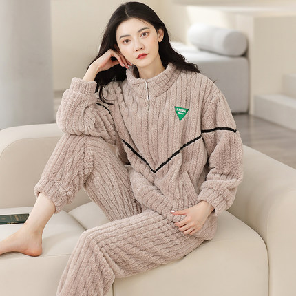 珊瑚绒睡衣女款秋冬季保暖加绒加厚冬款大码女士长毛绒家居服套装