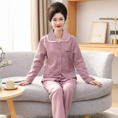 秋冬中老年空气棉夹层长袖睡衣女
