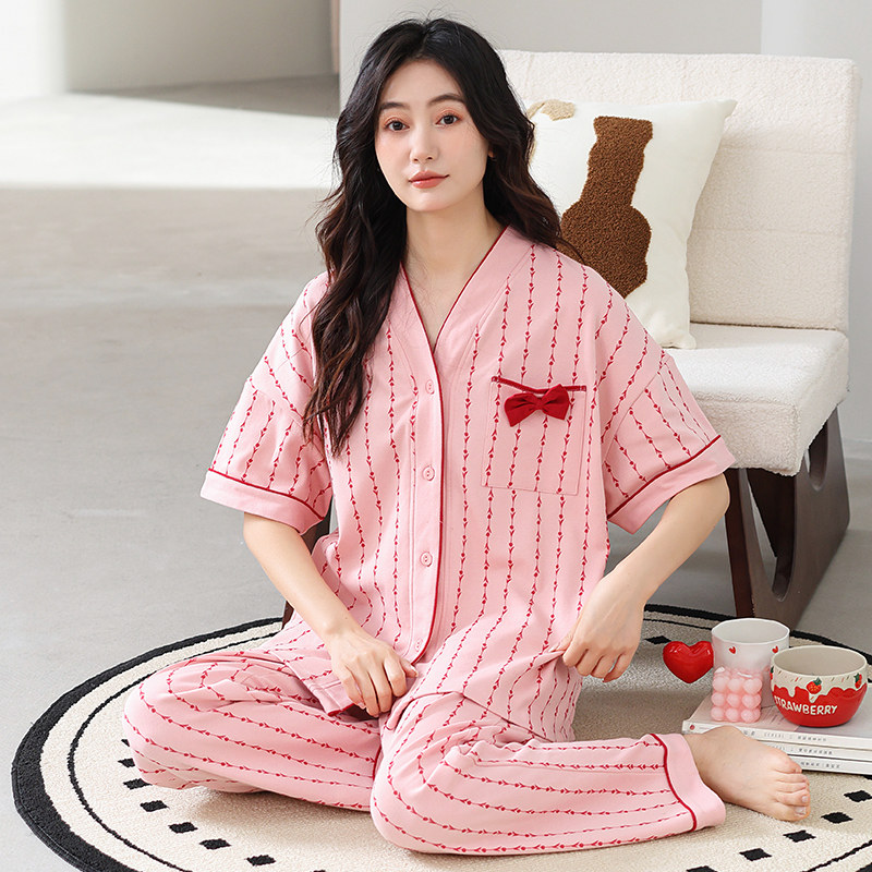 大码粉色纯棉睡衣女夏款短袖长裤家居服全棉可外穿V领中青年套装